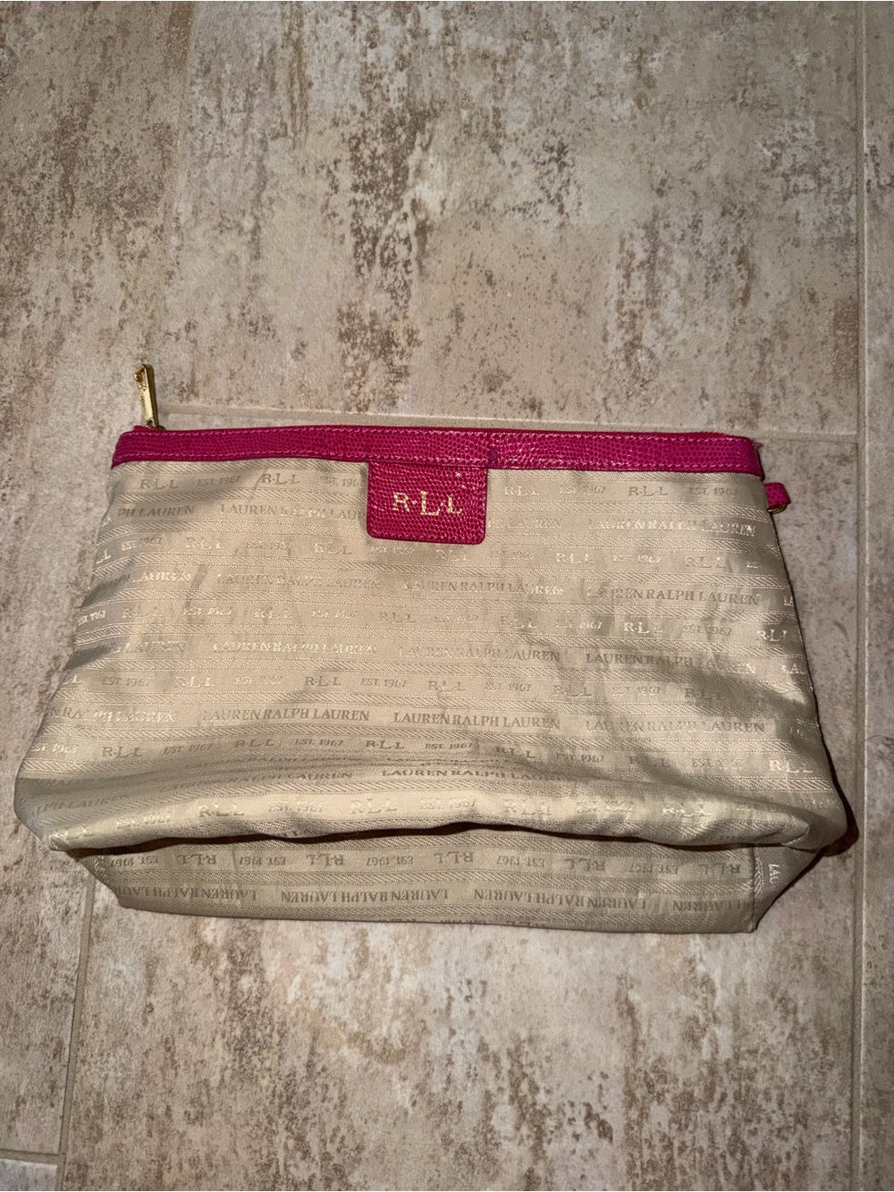 Ralph Lauren Beige Cosmetic Pouch with Hot Pink Trim